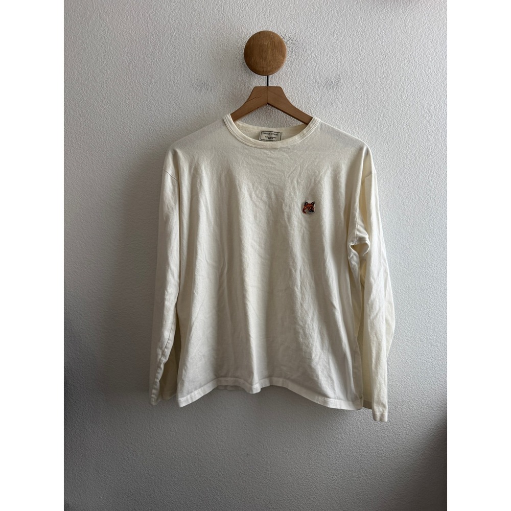 Maison Kitsune Fox Head Patch Long Sleeve Cream Tee Size Small
